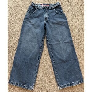 JNCO Mens Blue Wide-Leg Denim Jeans Embroidered Logo Distressed Style M1179BDS